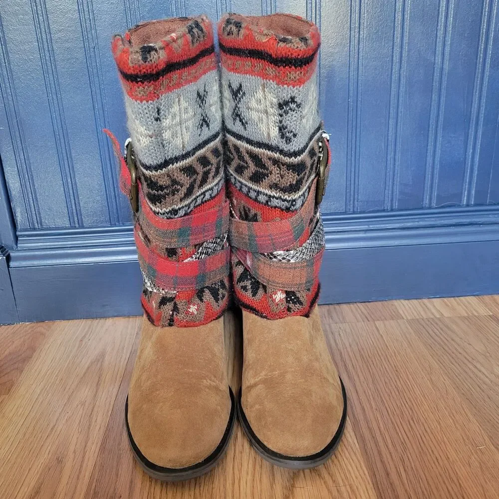 MUK LUKS Nikki Boots Size 7 Suede Winter Slouch Multi-Color Nordic Knit